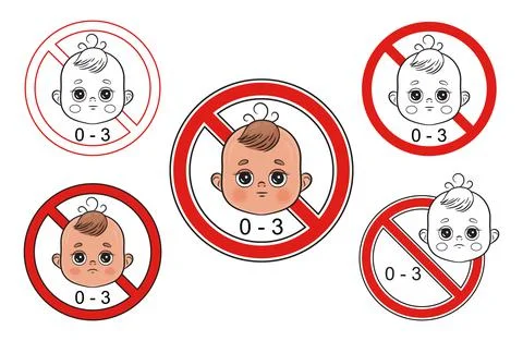 Not suitable for children from 0-3 year icon set. No safety for baby under three Stock Illustration