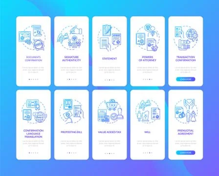 Notarial certification onboarding mobile app page screen with concepts set Stock Illustration