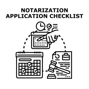 Notarization application checklist process and legal document 库存插图
