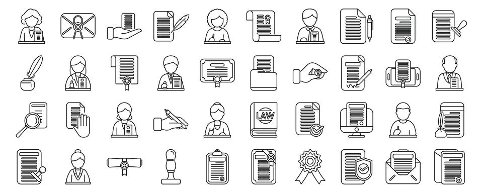 Notarization icons set. Diverse document and contract icons collection Stock Illustration