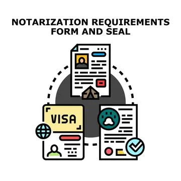 Notarization process showing legal documents and official seal Stock Illustration