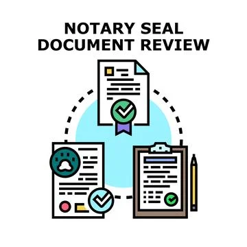 Notary seal document review approving legal paperwork process Stock Illustration