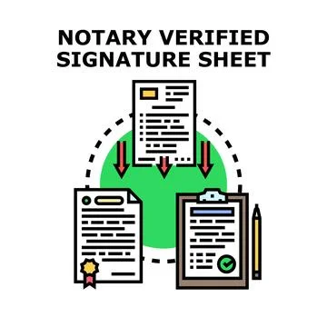 Notary verified signature sheet processing documentation concept Stock Illustration