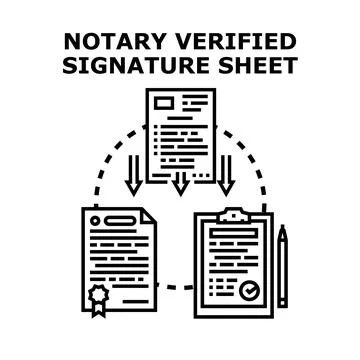 Notary verified signature sheet processing documentation concept Stock Illustration