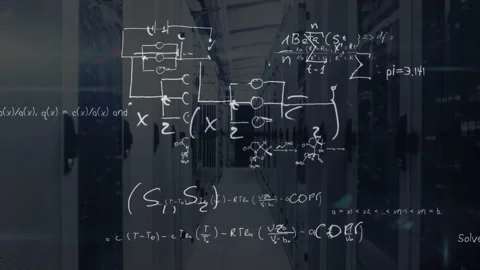 Notation fading in initiating formulas and diagrams overlaying server aisle Stock Footage 311084483