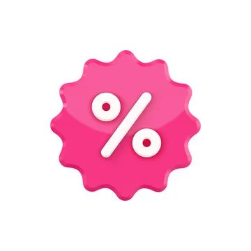 Notched stamp 3d with percent vector icon. Pink label blot with white disco.. Stock Illustration