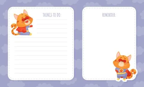 Note and Reminder Card with Cat Superhero Vector Template Stock Illustration