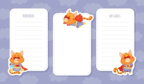 Note and Reminder Card with Cat Superhero Vector Template Stock Illustration