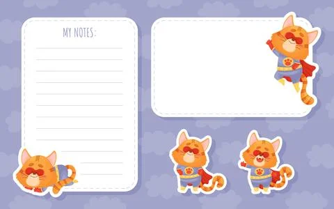Note and Reminder Card with Cat Superhero Vector Template Stock Illustration