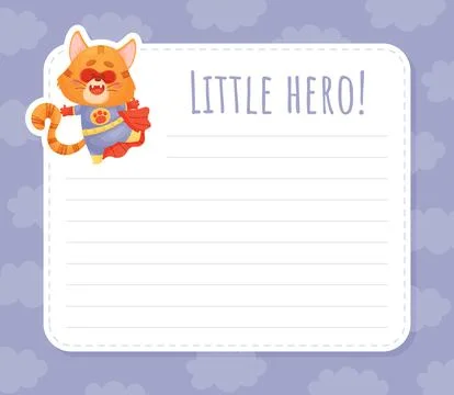 Note and Reminder Card with Cat Superhero Vector Template Stock Illustration
