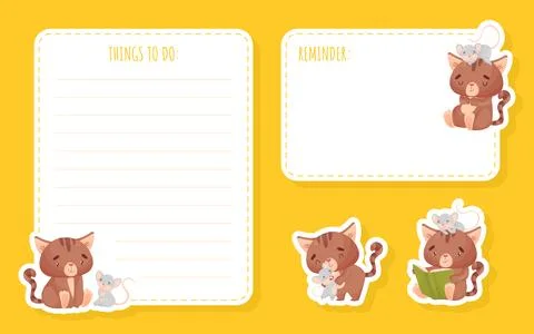 Note and Reminder Card with Cute Friendly Cat and Mouse Vector Template Stock Illustration