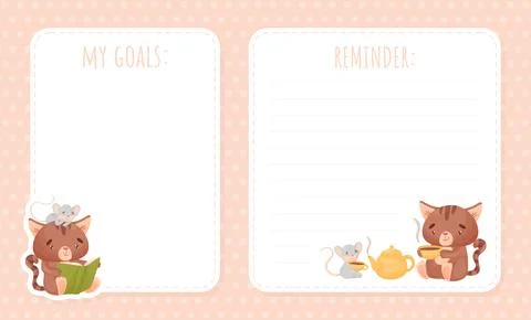 Note and Reminder Card with Cute Friendly Cat and Mouse Vector Template Stockillustratie