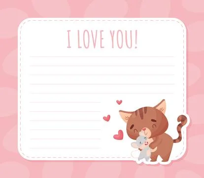 Note and Reminder Card with Cute Friendly Cat and Mouse Vector Template Stock Illustration