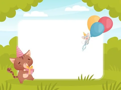 Note and Reminder Card with Cute Friendly Cat and Mouse Vector Template Stock Illustration