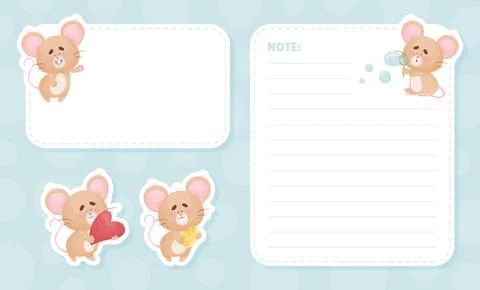 Note and Reminder Card with Cute Little Mouse Vector Template Stock Illustration
