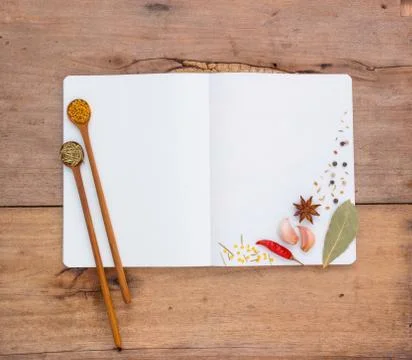 Note book that the device is equipped with cooking consists of aromatic herbs Stock Photos