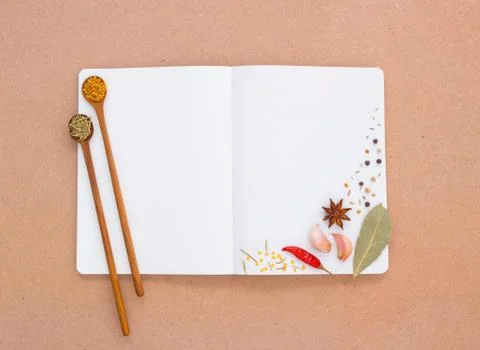 Note book that the device is equipped with cooking consists of aromatic herbs Stock Photos