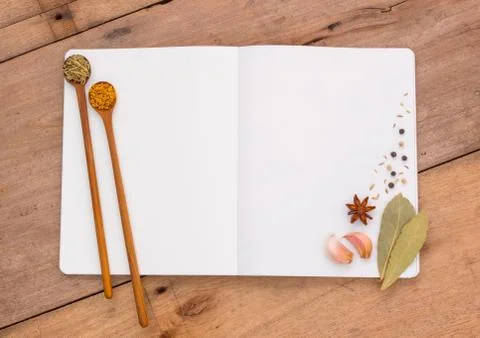 Note book that the device is equipped with cooking consists of aromatic herbs Stock Photos