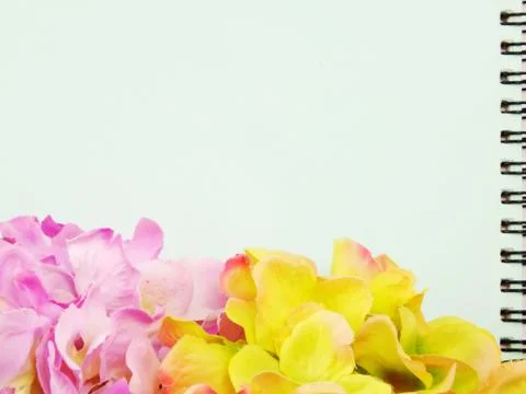 Note book diary and beautiful flower bouquet background Stock Photos