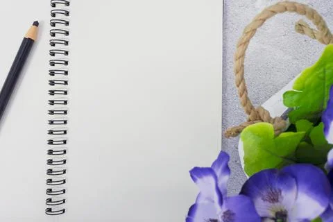 Note book with pen and potted plant on marble table. Directly above. Copy space. Stock Photos