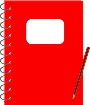 Note Book with Pencil in Red, Pencil with Notebook, Red cover Book, spiral .. Illustrazione stock