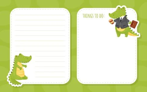 Note Card with Cute Crocodile Character Vector Template Stock Illustration