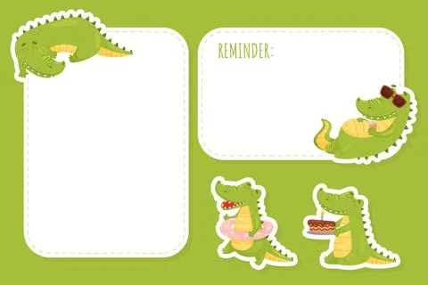 Note Card with Cute Crocodile Character Vector Template Stock Illustration