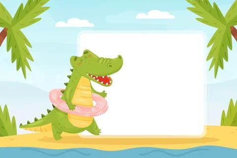 Note Card with Cute Crocodile Character Vector Template Stock Illustration