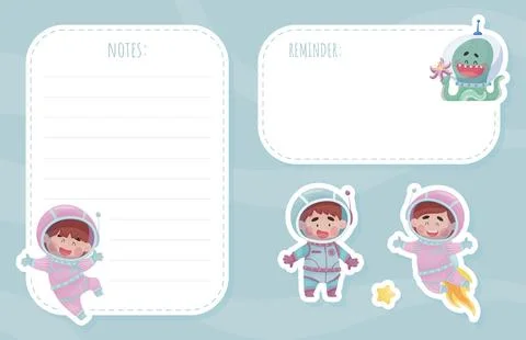 Note Card with Cute Kid Astronaut Character in Space Suit Vector Template Stock Illustration