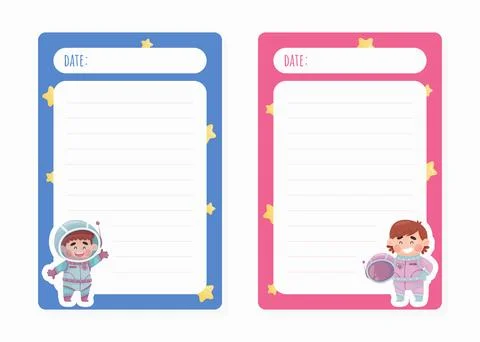 Note Card with Cute Kid Astronaut Character in Space Suit Vector Template Stock Illustration