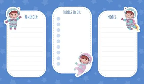 Note Card with Cute Kid Astronaut Character in Space Suit Vector Template Stock Illustration