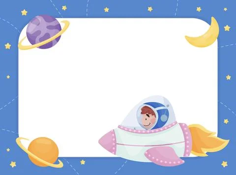 Note Card with Cute Kid Astronaut Character in Space Suit Vector Template Stock Illustration