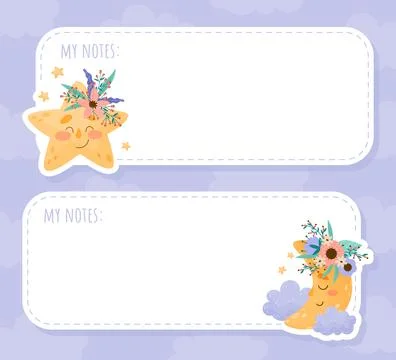 Note Card with Cute Moon and Star with Flowers and Pretty Face Vector Template Ilustração Stock