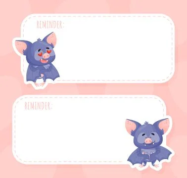 Note Card with Funny Purple Bat Character Vector Template Stock Illustration