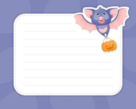 Note Card with Funny Purple Bat Character Vector Template Stock Illustration