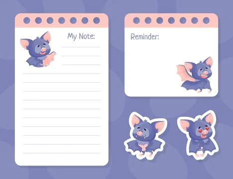 Note Card with Funny Purple Bat Character Vector Template Stock Illustration