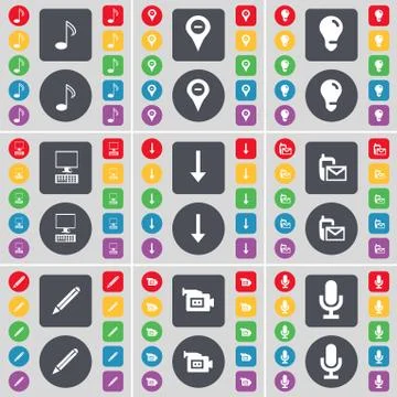 Note, Checkpoint, Light bulb, PC, Arrow down, SMS, Pencil, Film camera, Micropho Stock Illustration