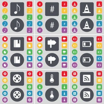 Note, Hashtag, Cone, Dictionary, Signpost, Battery, Videotape, T icon symbol. A Stock Illustration
