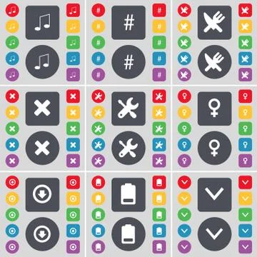Note, Hashtag, Fork and knife, Stop, Wrench, Venus symbol, Arrow down, Battery, Stock Illustration