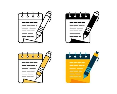 Note icon with pen vector design in 4 style line, glyph, duotone, and flat. Illustrazione stock