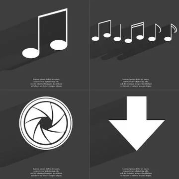 Note, Lens, Arrow directed down icon sign. Set of Symbols with Flat design an 库存插图