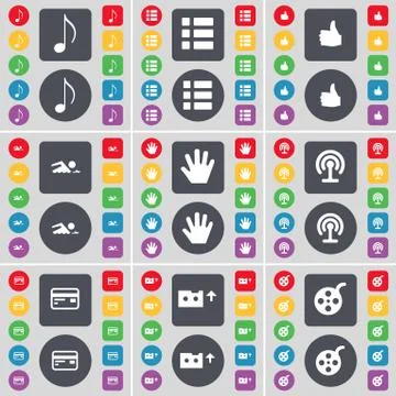 Note, List, Like, Swimmer, Hand, Wi-Fi, Credit card, Cassette, Palette icon symb Stock Illustration
