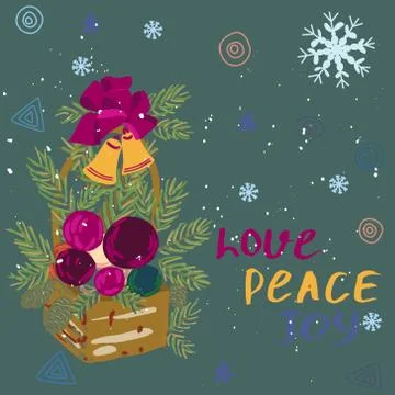 Note love peace joy with festive season basket and snow Stock Illustration