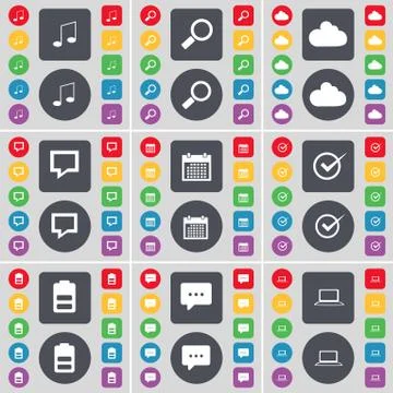 Note, Magnifying glass, Cloud, Chat bubble, Calendar, Tick, Battery, Laptop icon Stock Illustration