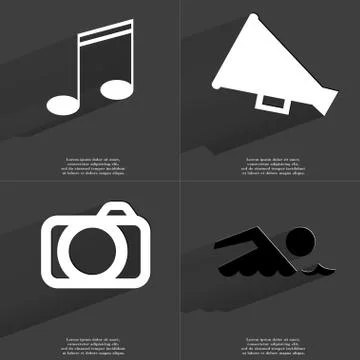 Note, Megaphone, Camera, Silhouette of swimmer icon sign. Set of Symbols with Illustrazione stock