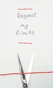Note with message and scissors cutting red string on white background Stock Photos