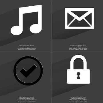 Note, Message, Tick, Lock icon sign. Set of Symbols with Flat design and Long イラスト素材