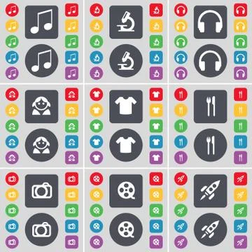 Note, Microscope, Headphones, Avatar, T-Shirt, Fork and knife, Camera, Videotape Stock Illustration