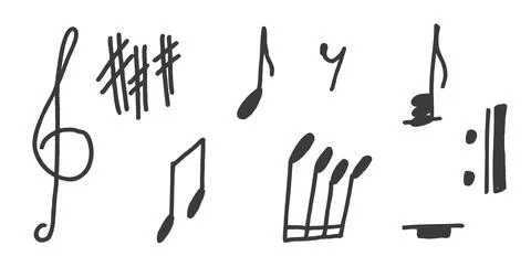 Note music crayon drawn set. Doodle elements. Grunge music shapes. treble cle Illustrazione stock