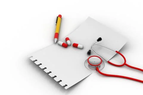 Note pad with stethoscope and tablets Free Stock Illustration